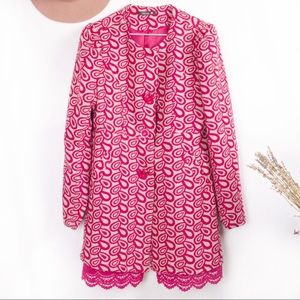 Adorn Pink Grey Retro Mod Print Lace Crochet A-Line Coat